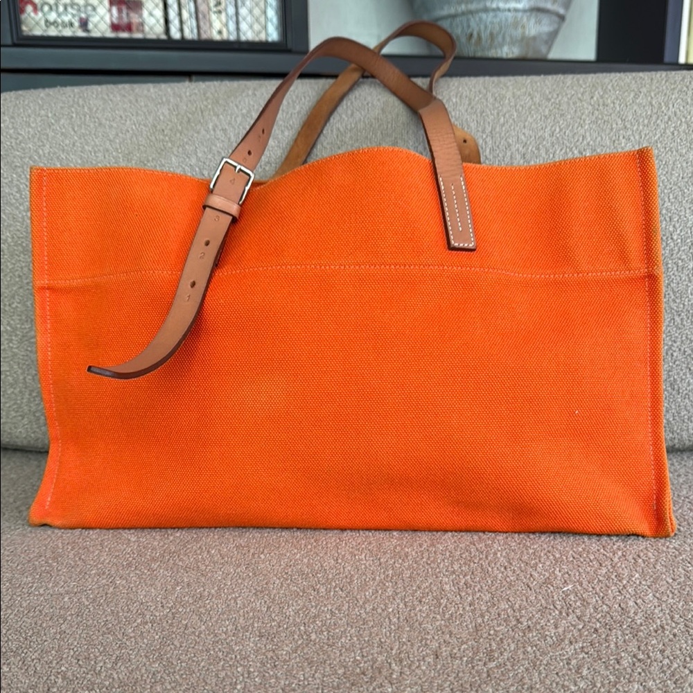 Hermes Orange Canvas Tote Bag with Brown Leather Straps